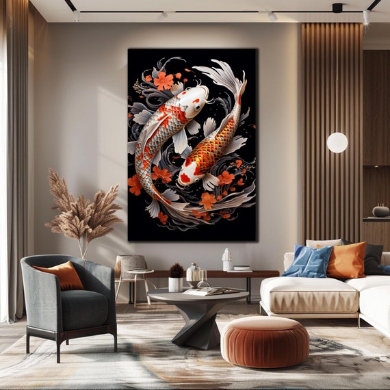 Koi Fish Tempered Glass Art, Japanese Animal Decor