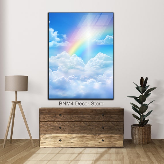 Tempered Glass Rainbow Wall Art White Clouds Glass Art Extra Large Wall Art Sky Wall Decor Blue Sky Glass Art Rainbows Glass Decor