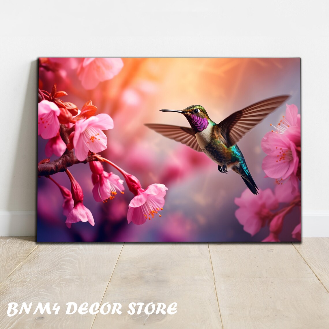 Hummingbird with Magenta Throat Among Pink Cherry Blossoms Poster