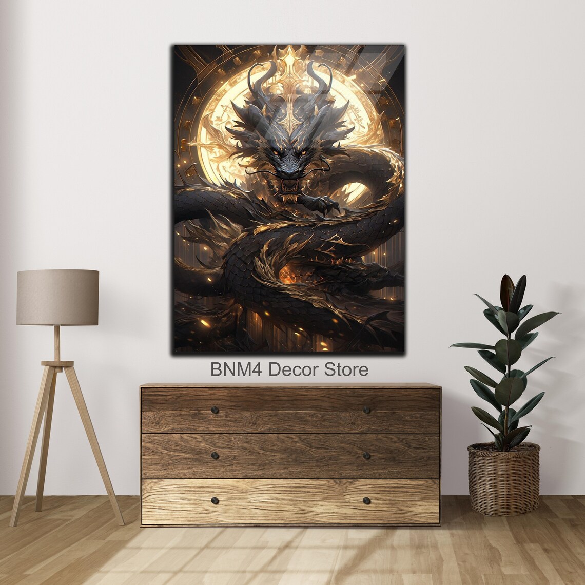 Black Dragon Abstract Wall Art, Gold Moon Dragon