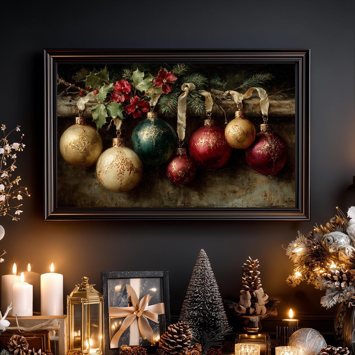 Vintage Christmas Baubles Gold Red Green Ornament Art Poster