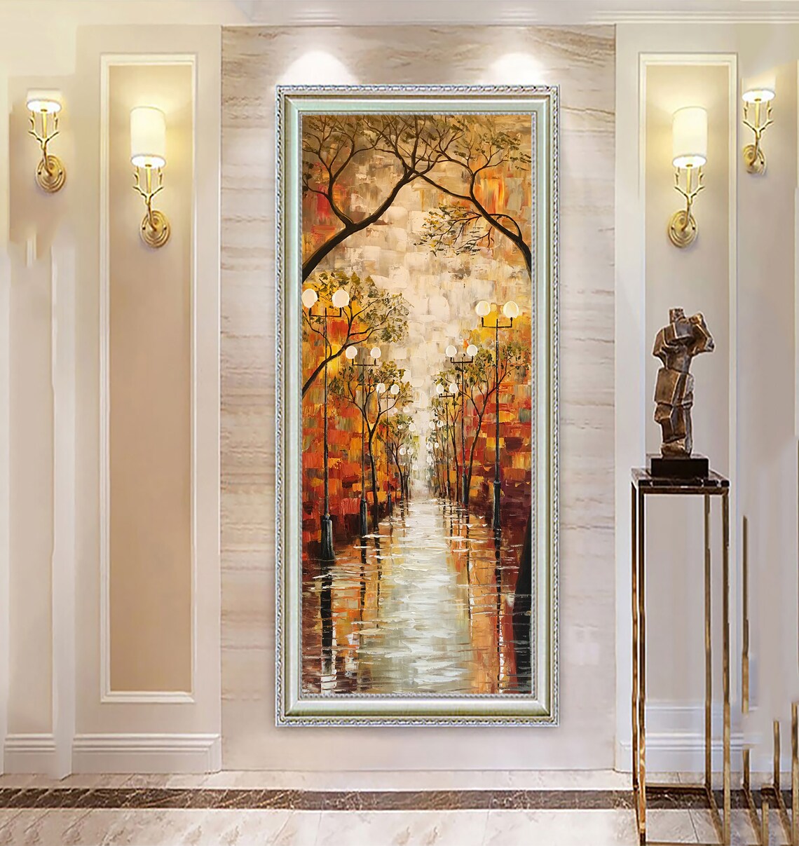 Rainy Night Street Lamps Reflection Wet Road Autumn Painting Poster - Image 5