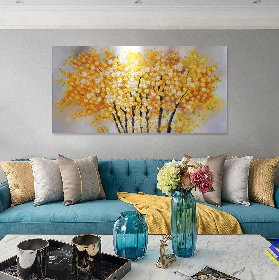 Golden Yellow Blossoming Trees Panoramic Floral Oil Painting Poster - Image 5