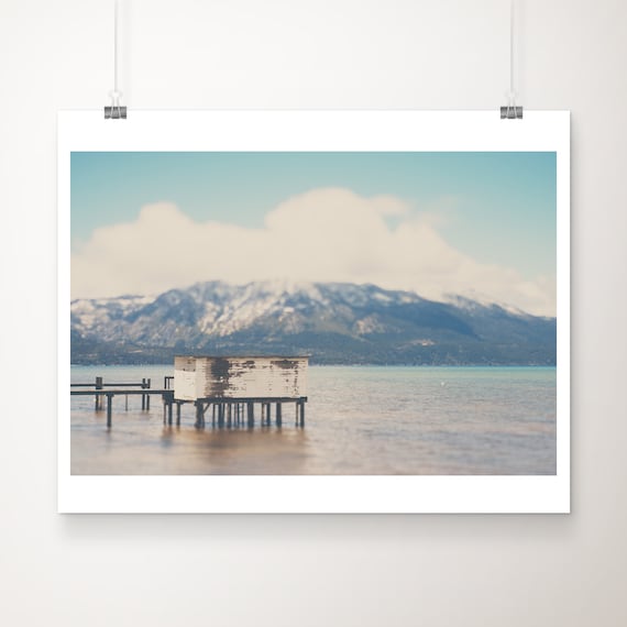 Lake Tahoe Weathered Boathouse Snowy Peaks Lake Photo Poster