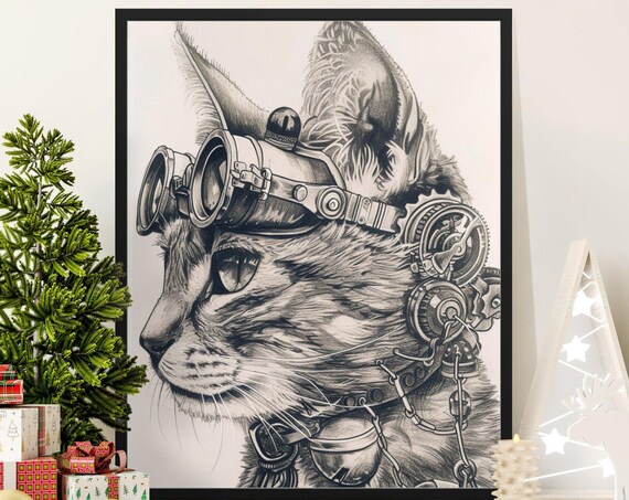 Steampunk Cat With Goggles Gears Mechanical Pencil Sketch Art Poster