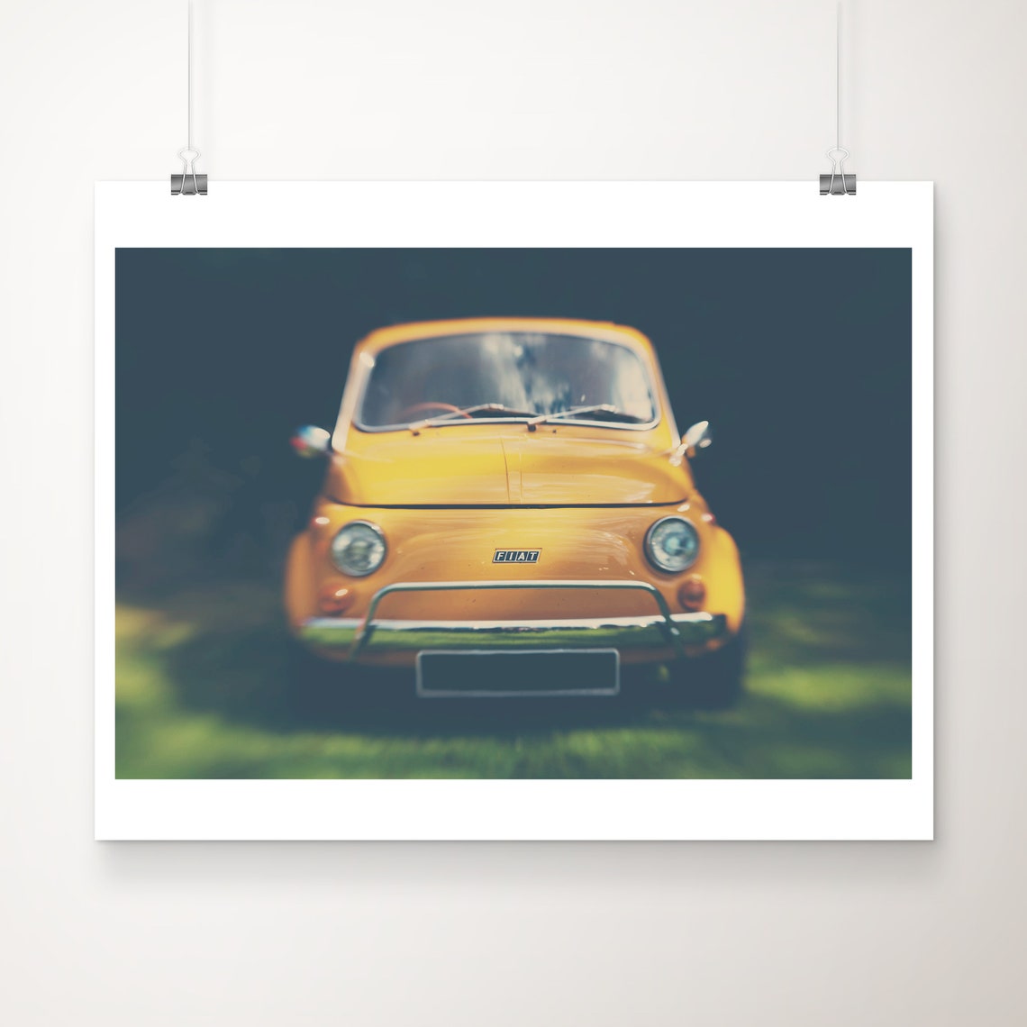 Classic Yellow Fiat 500 Vintage Front View Retro Car Photo Poster