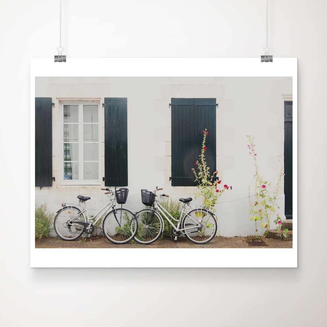 Ile de Re French Village Bicycles Green Shutters Hollyhocks Wall Art