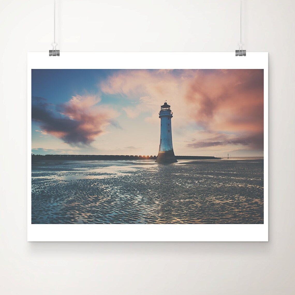 Lighthouse Sunset Travel Poster, Coastal Beach View