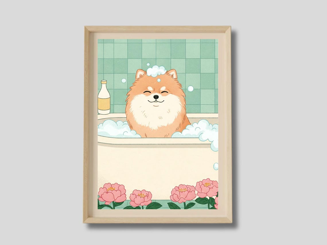 Pomeranian Puppy Bubble Bath With Pink Peonies Cute Art Poster