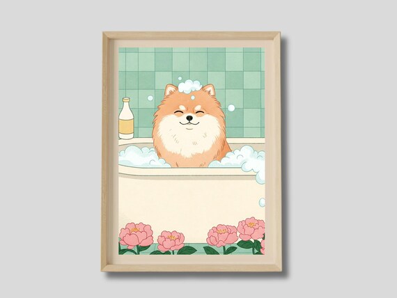 Pomeranian In A Bath Japanese Style Bathroom Print Vintage Japan Poster Funny Dog Japandi Wall Art