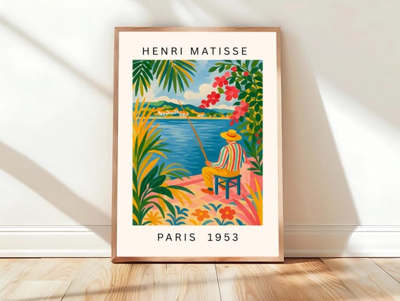 Fisherman Painting Inspired By Henri Matisse Poster Beachy Decor Cut Outs Maximalist Wall Art