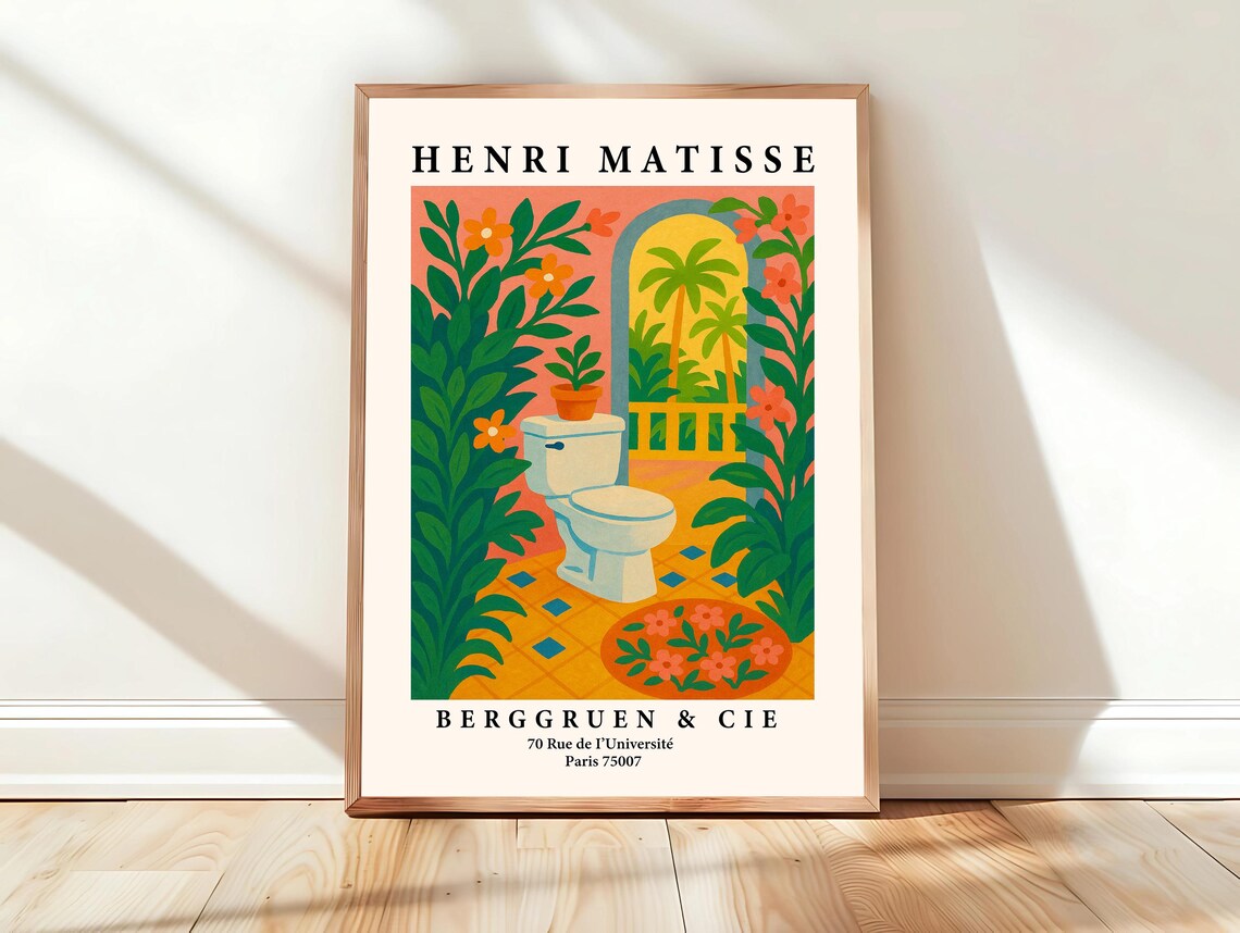 Tropical Toilet Wall Art Funny Bathroom Poster Matisse Pink Maximalist Dopamine Decor