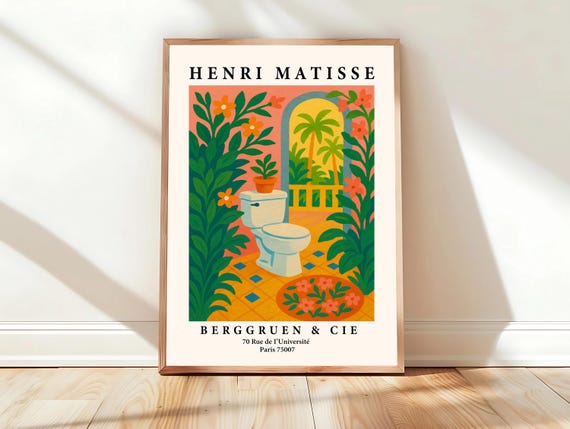 Tropical Toilet Wall Art Funny Bathroom Poster Matisse Pink Maximalist Dopamine Decor