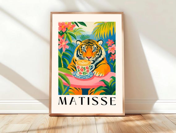 Tiger Drinking Coffee Henri Matisse Print Pink Kitchen Decor Animal Art Maximalist Dining Room Poster Dopamine