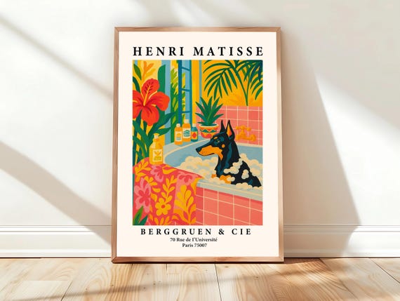 Doberman Art Print Tropical Bathroom Wall For Dog Lovers Matisse Poster Pink Dopamine Decor