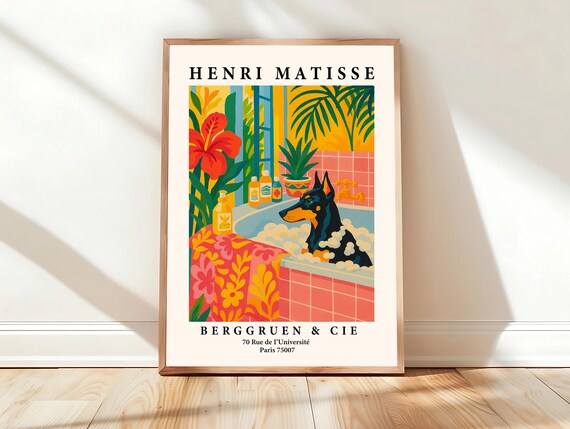 Funny Matisse Style Doberman Bubble Bath Pink Bathroom Poster