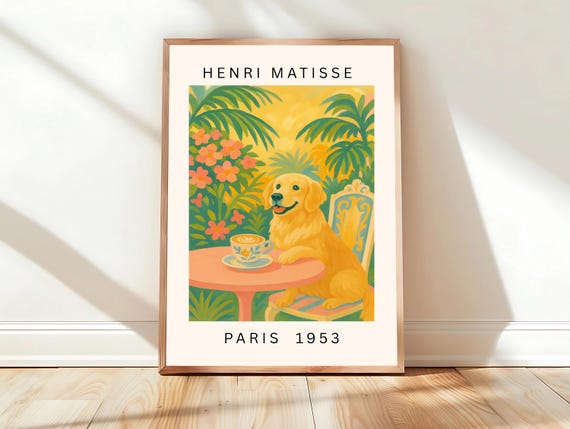 Golden Retriever Drinking Coffee Henri Matisse Print Pink Kitchen Wall Art Funny Good Boy Dog Dopamine Decor Maximalist Poster