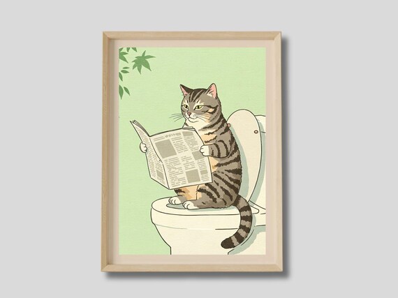 Tabby Cat On A Toilet Funny Bathroom Print Japanese Poster Japan Wall Art Neutral Minimalist