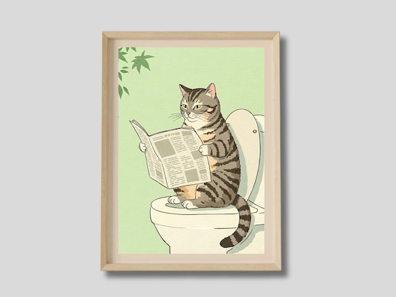 Tabby Cat On Toilet Reading Newspaper Funny Japanese Art Poster