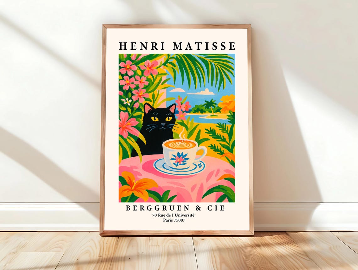 Black Cat Drinking Coffee Poster Funny Wall Art Henri Matisse Print Kitchen Decor Dining Room