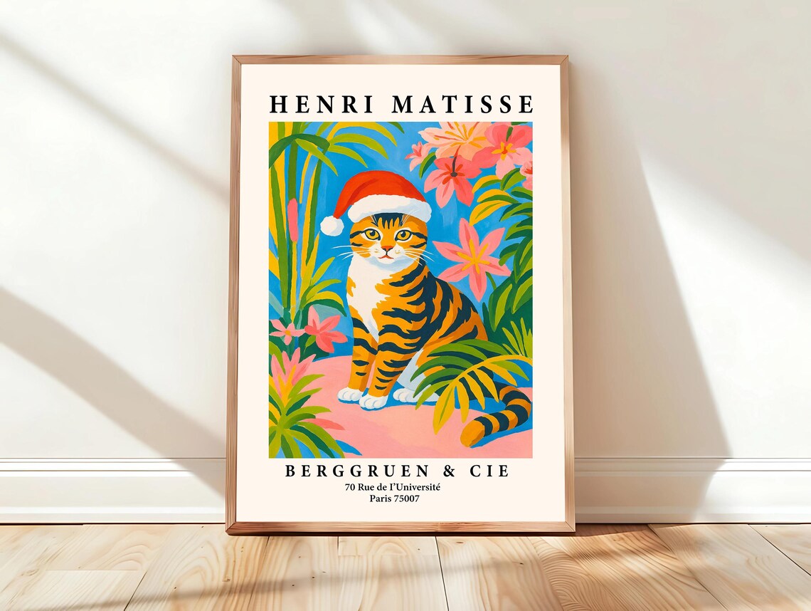 Henri Matisse Tabby Cat in Santa Hat Christmas Tropical Art Poster