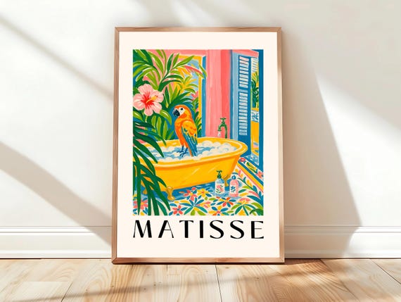 Parrot In Bathtub Art Print Pink Dopamine Decor Maximalist Matisse Poster Tropical Bathroom Wall Bird