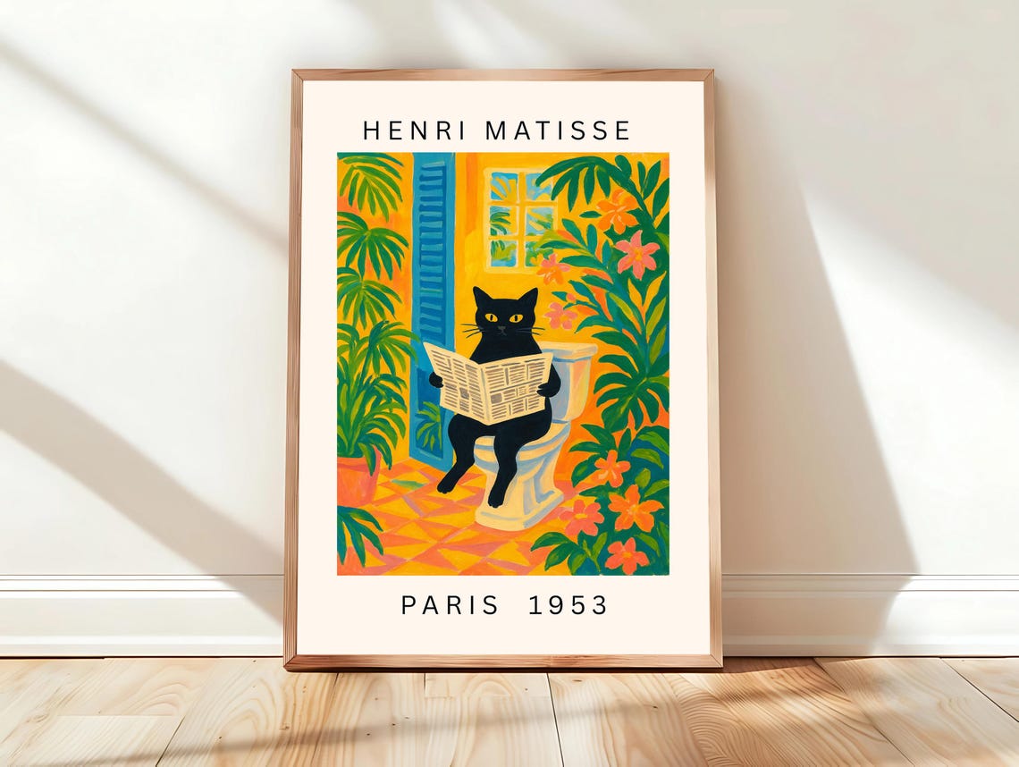 Humorous Black Cat on Toilet Reading Newspaper Matisse Style Poster