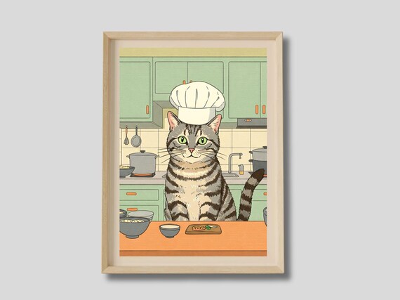 Gray Tabby Cat Chef Cooking In Cozy Kitchen Funny Art Poster