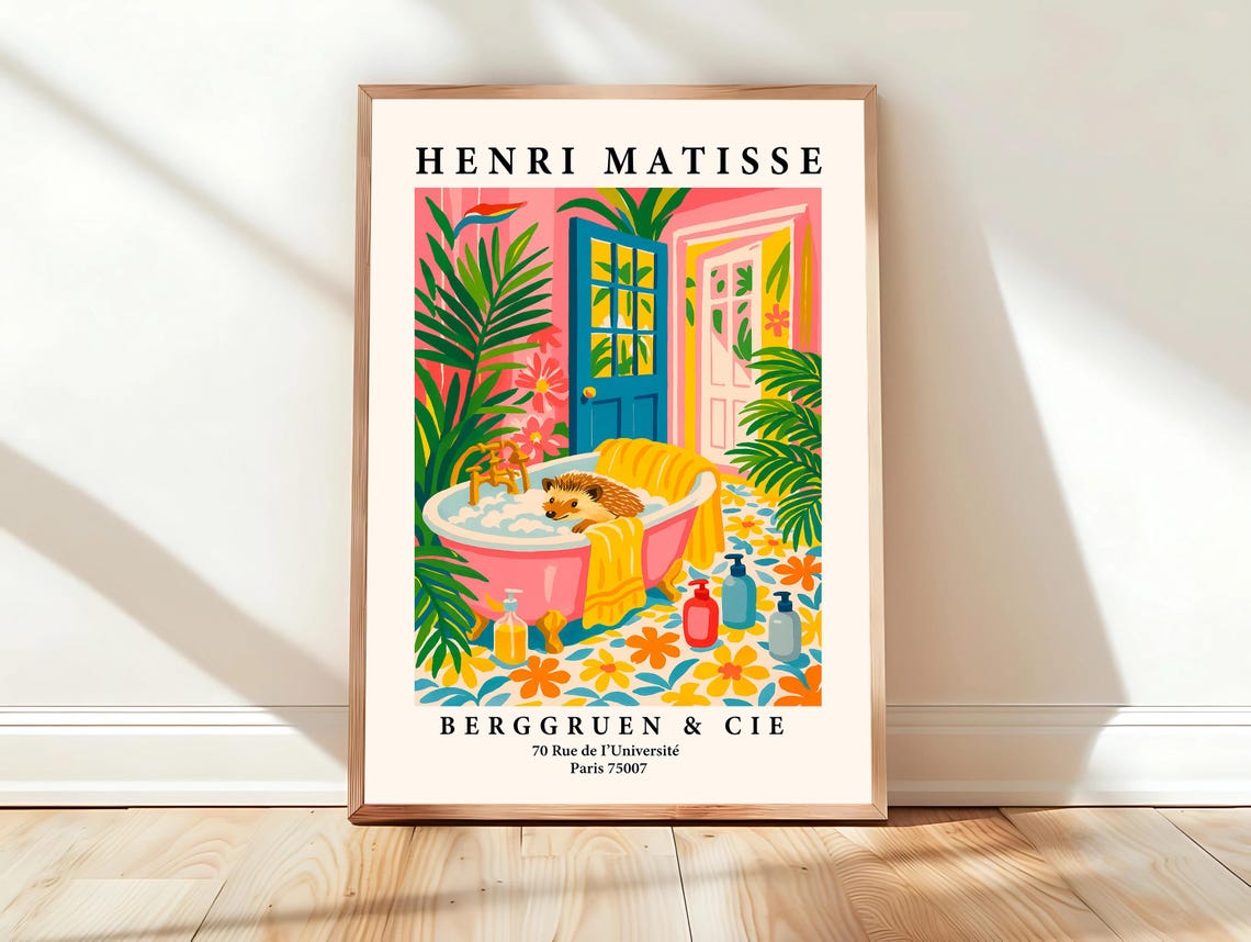 Hedgehog Bubble Bath Matisse Style Paris Pink Tub Art Poster