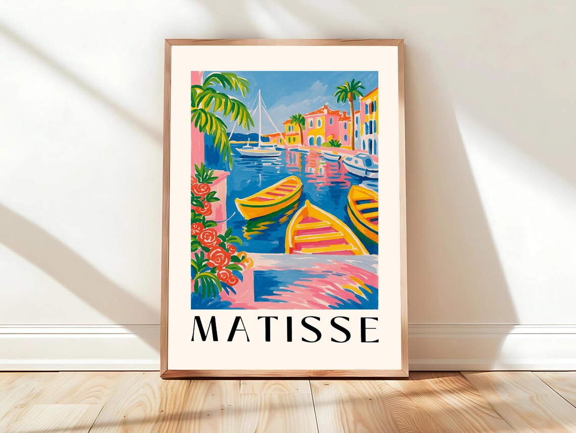 Harbor with Colorful Boats Matisse Style Coastal Marina Art Poster