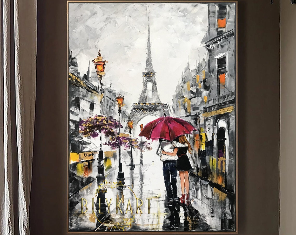 Couple Red Umbrella Eiffel Tower Rainy Paris Street Love Art Poster - Image 3