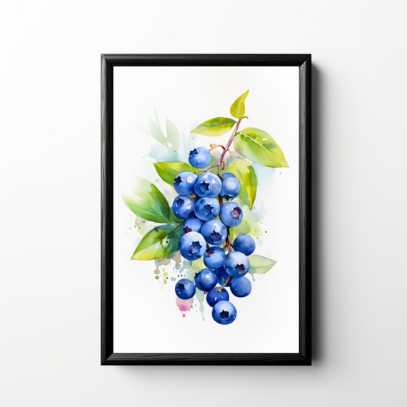 Blueberries Watercolor Art Print, Kitchen Fruit Decor