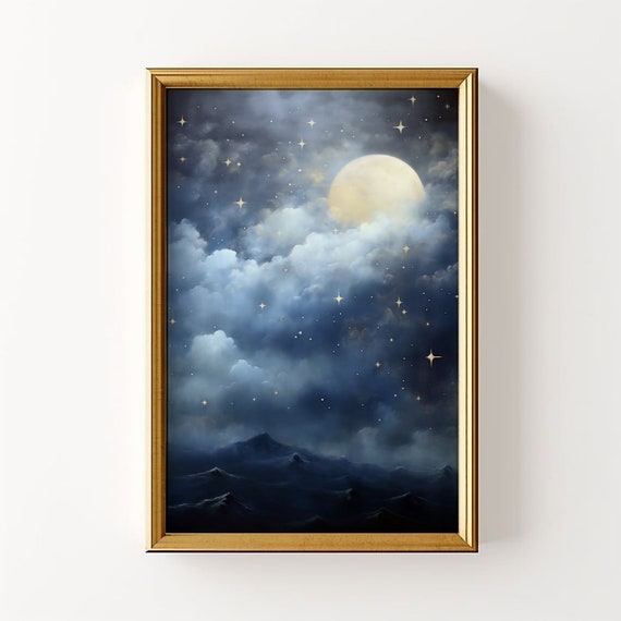 Vintage Starry Night Sky Painting Midnight Moon Wall Art Star Gazing Mountains Celestial Print Dark Academia Misty Mountains