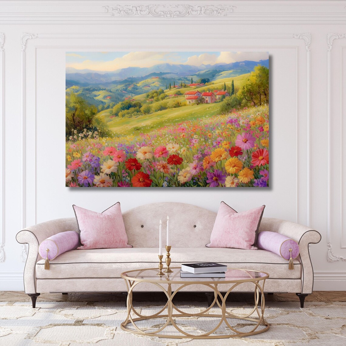 Tuscan Hillside Village Wildflower Meadow Oil Painting Poster