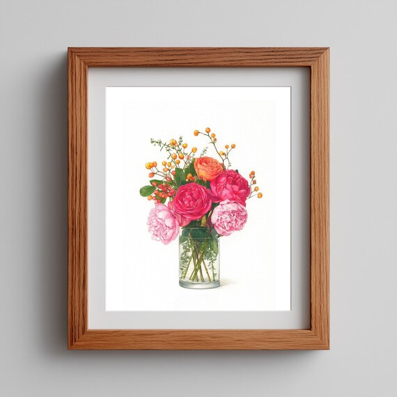 Peony Rose Bouquet Watercolor Glass Vase Pink Floral Arrangement Poster
