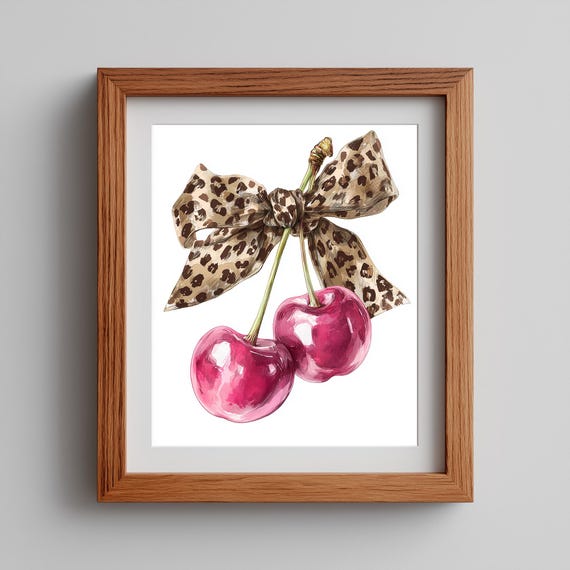 Pink Cherry Wall Art Glam Retro Fruit Print With Leopard Bow Cute Coquette Kitchen Decor Watercolor Food Illustration 26
