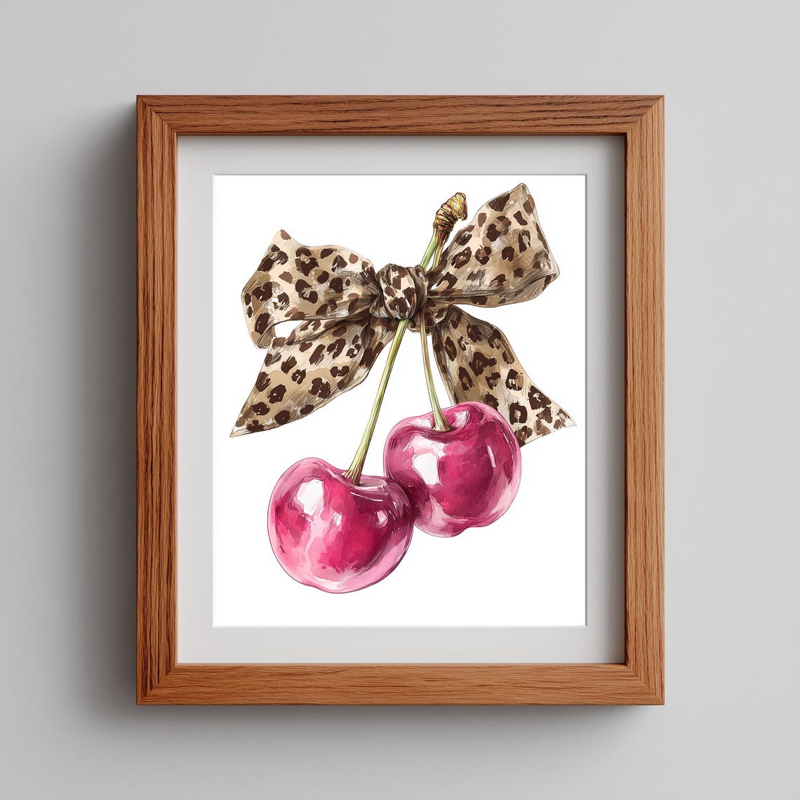 Pink Cherries Leopard Bow Coquette Retro Kitchen Watercolor Art Poster