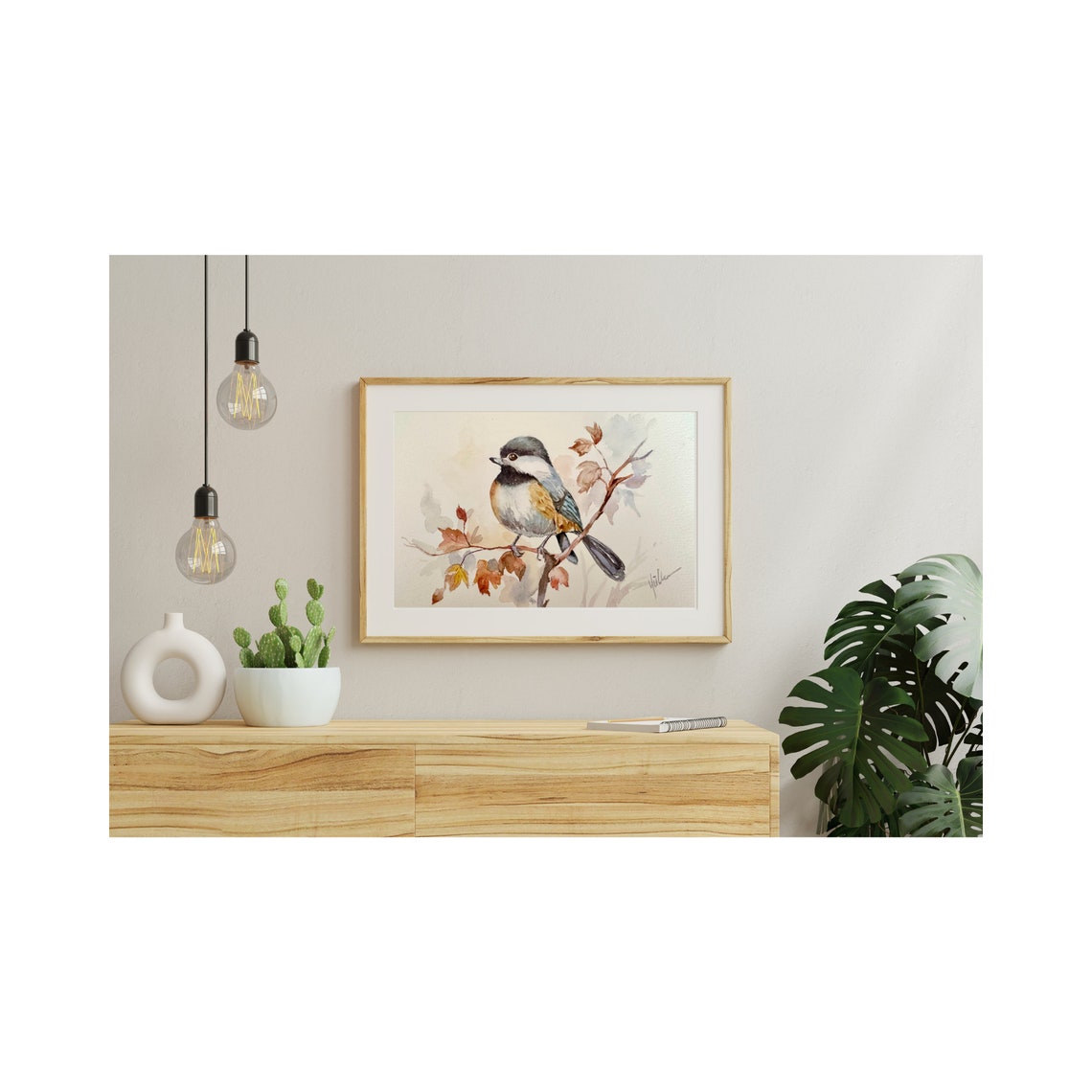 Chickadee Bird Perched on Autumn Branch Watercolor Painting Poster - Image 4