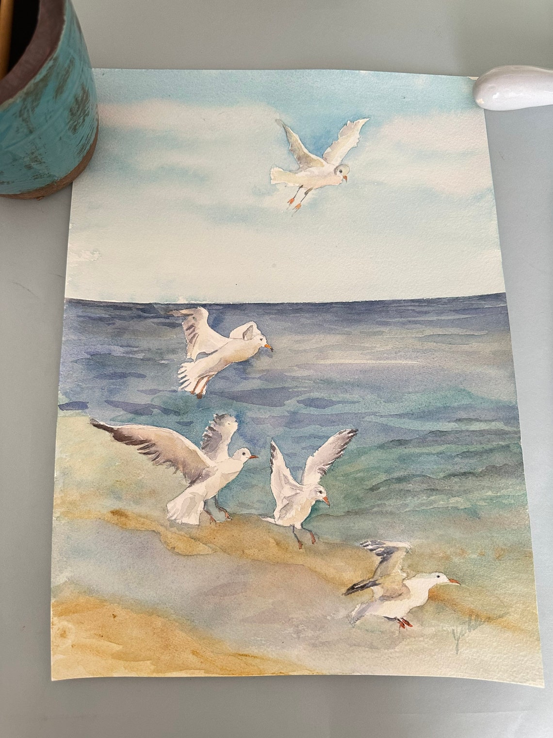 Seagulls Original Watercolor Painting Nautical Art Seagulls Artwork Seagulls On Seaside 10x14 In - Image 3