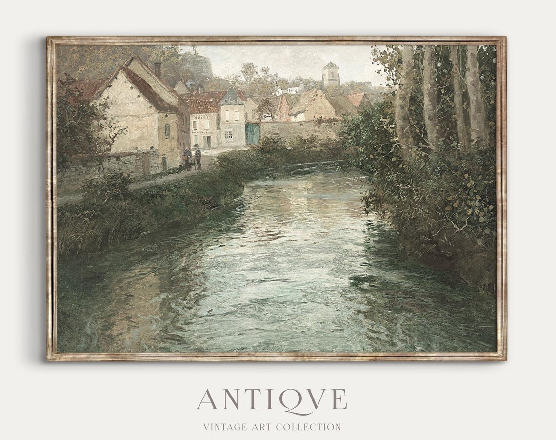 Vintage Landscape Painting Calm River Art Print