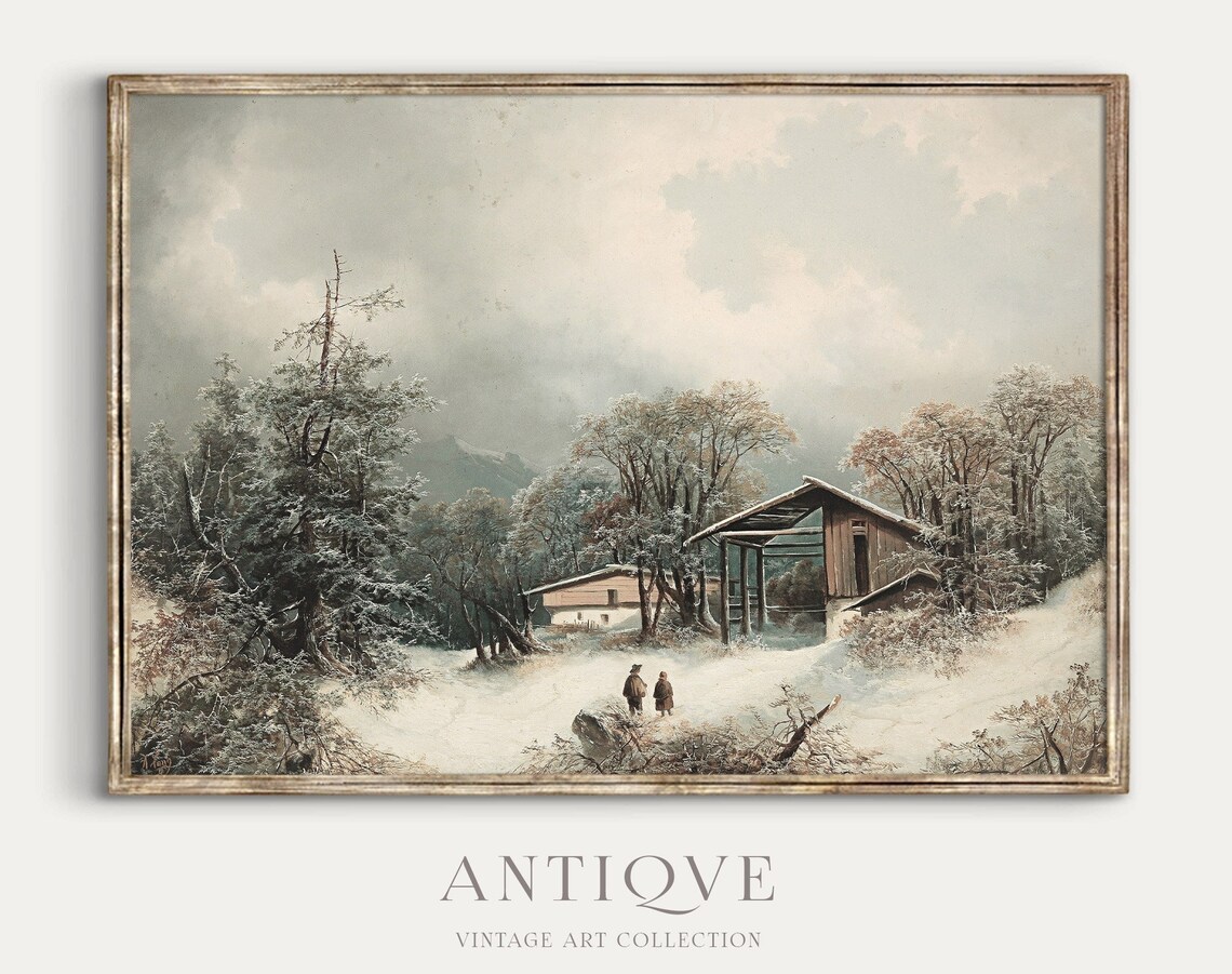 Antique Winter Cabin Painting, Snowy Landscape