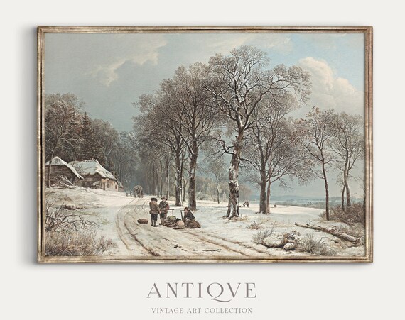 Antique Winter Village Snow Scene Oil Painting Signed 1895 Art Print