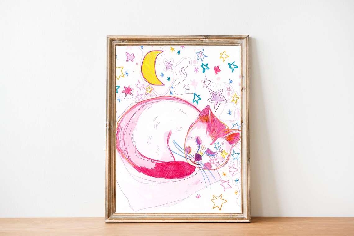 Sleeping Cat, Whimsical Moonlight Poster - Image 3