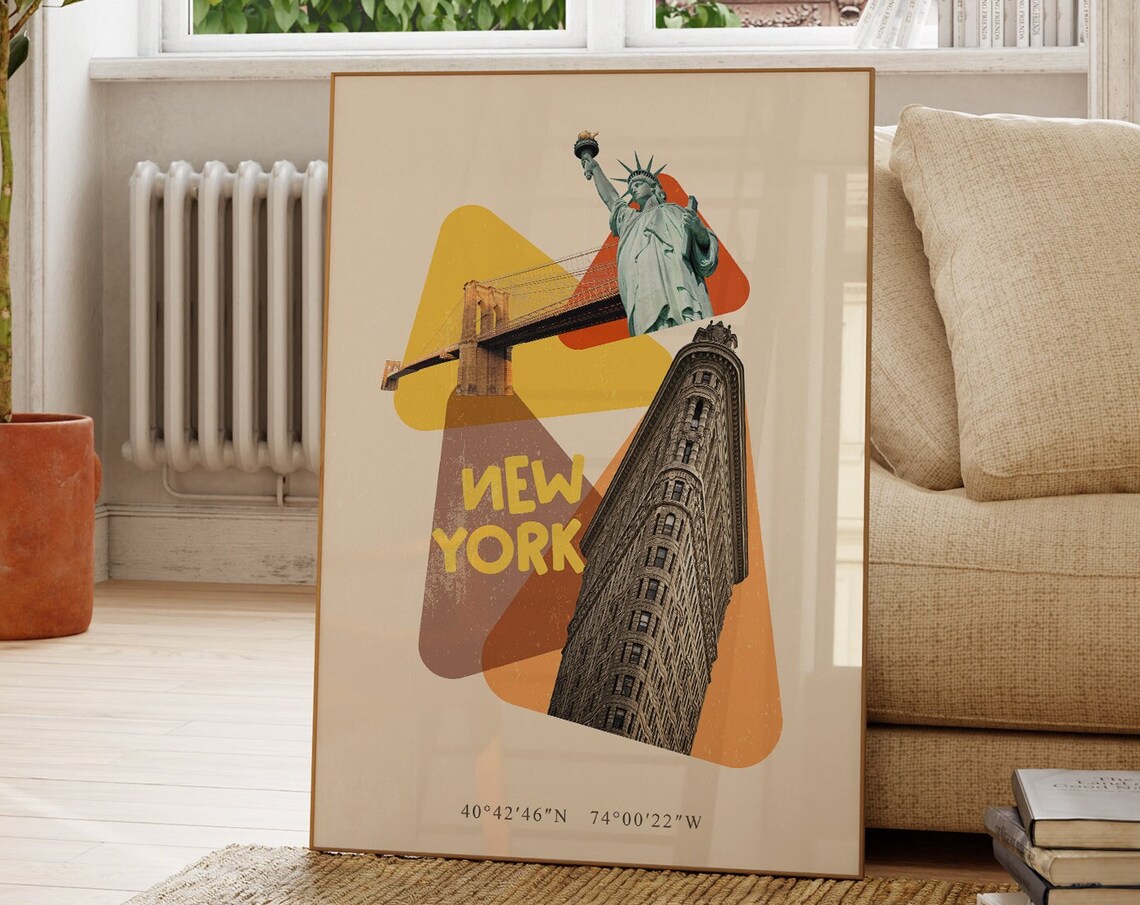 New York Flatiron Building Statue of Liberty Landmark Collage Poster - Image 4