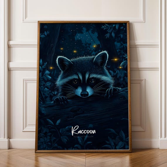 Raccoon Forest Animal Print Rustic Home Decor Wall Art