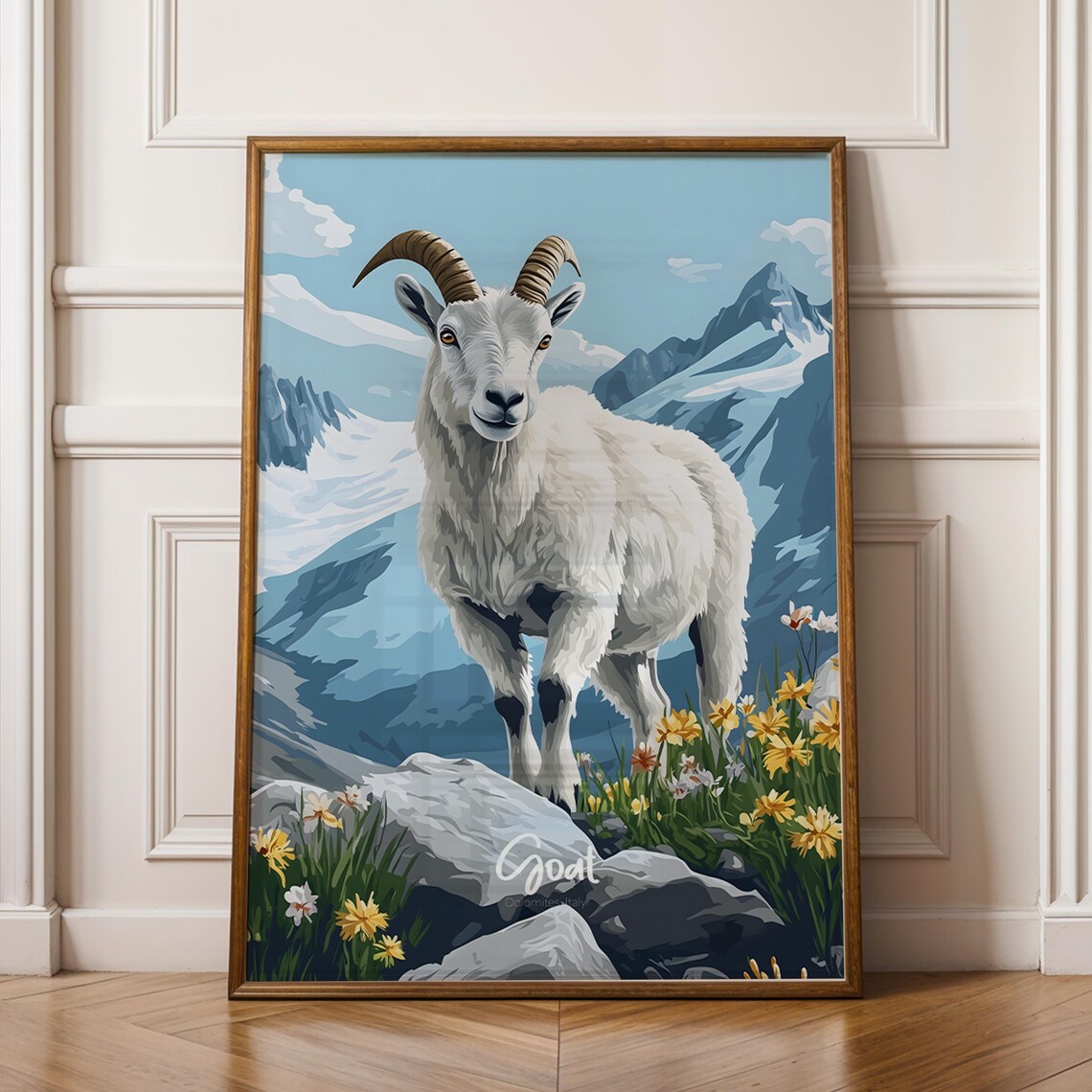 Alpine White Mountain Goat on Rocky Peaks Yellow Wildflowers Print