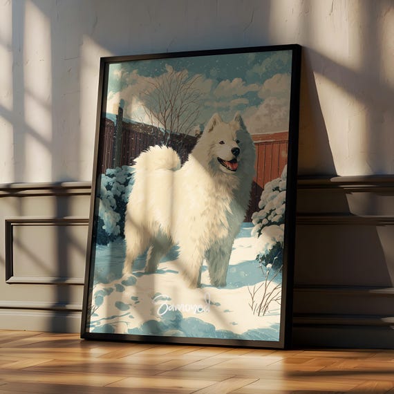 Samoyed Wall Art Framed Poster Fluffy Dog Decor For Kids Room Or Nursery Cute Arctic Pet Print Natureinspired Animal Gift