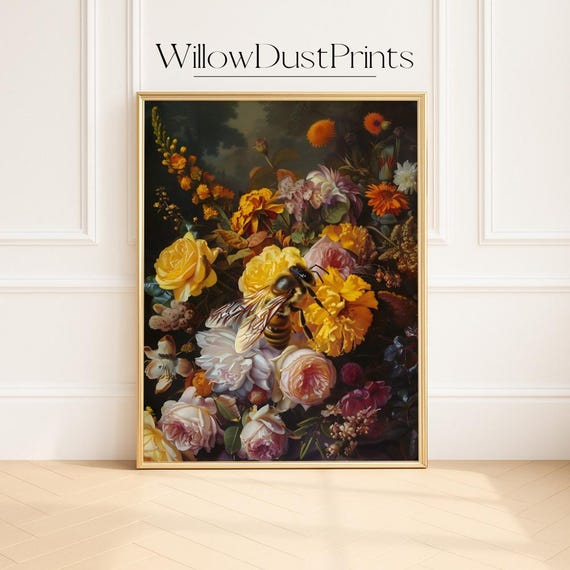 Vintage Bee And Flower Wall Artdark Botanical With Honeybee Lush Garden Blooms Nature Decor For Moody Elegant Interiors Gift