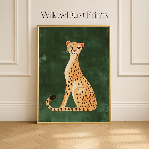 Leopard Wall Art Vintage Cheetah Green Print Gift Emerald Modern Animal Decor Boho Apartment Home Oil Painting