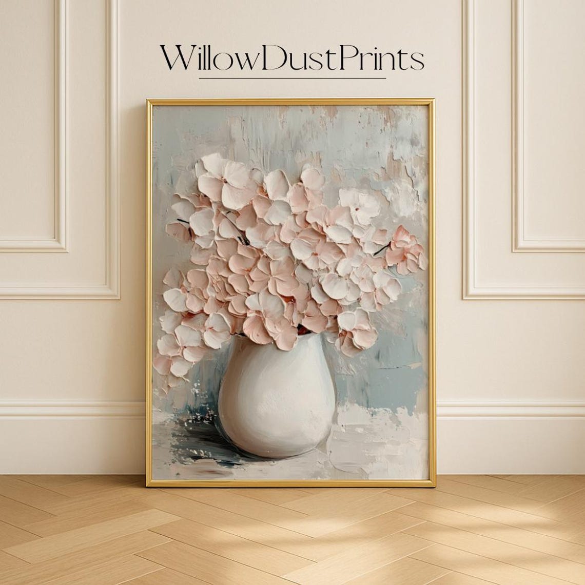 Blush Hydrangea In White Vase Palette Knife Floral Oil Painting Poster